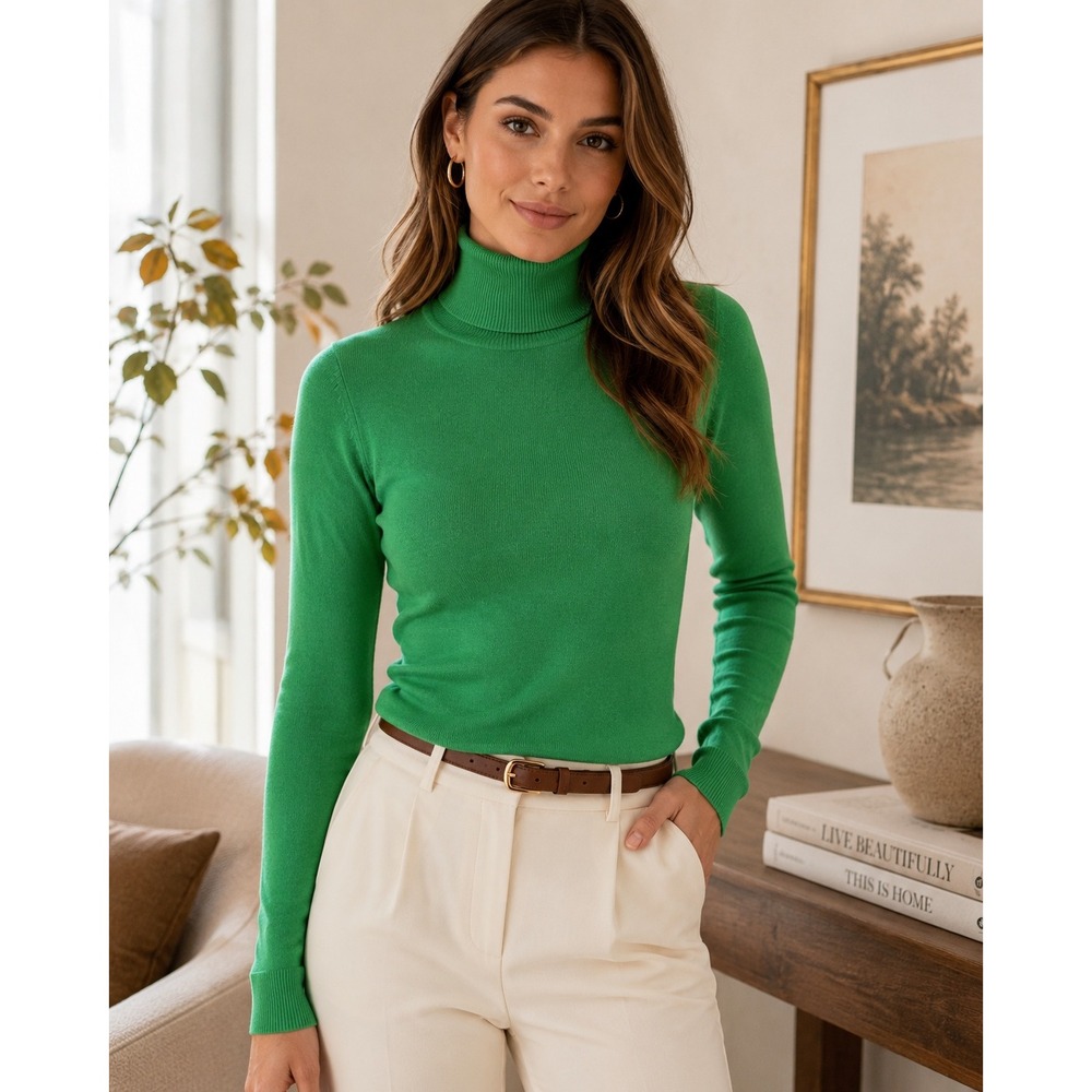 ICHI Kelly Green Lenzing Ecovero Viscose Blend Turtleneck Knit Sweater Large